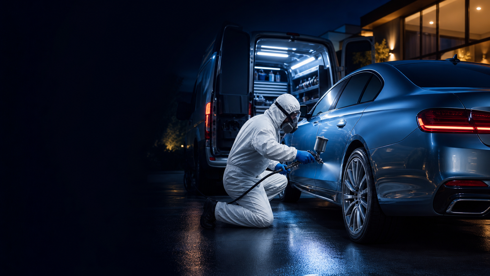 Mobile auto body technician refinishing a blue sedan