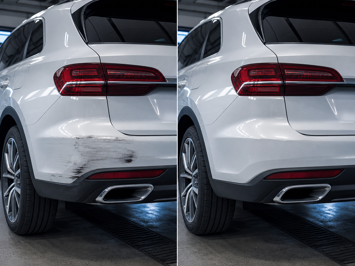 White SUV bumper before and after repair