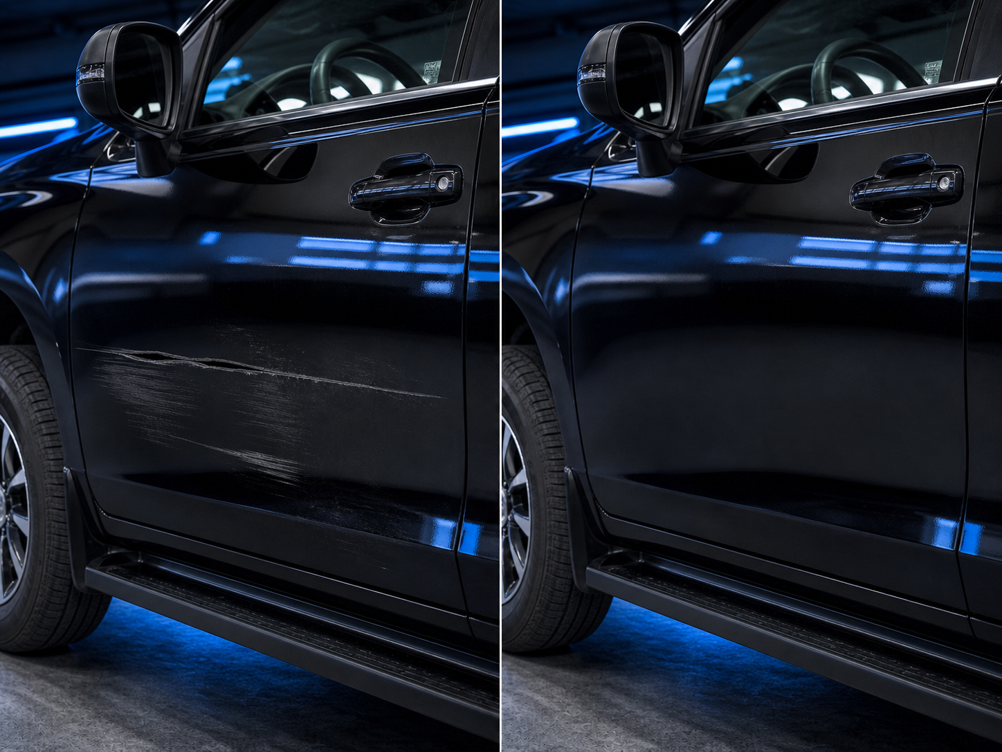 Black truck door before and after scratch repair